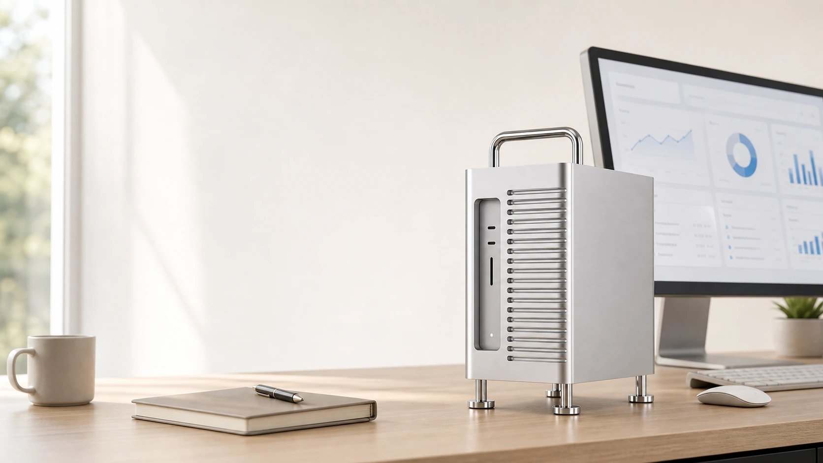 Upright Ricerca appliance enclosure beside a verified morning brief